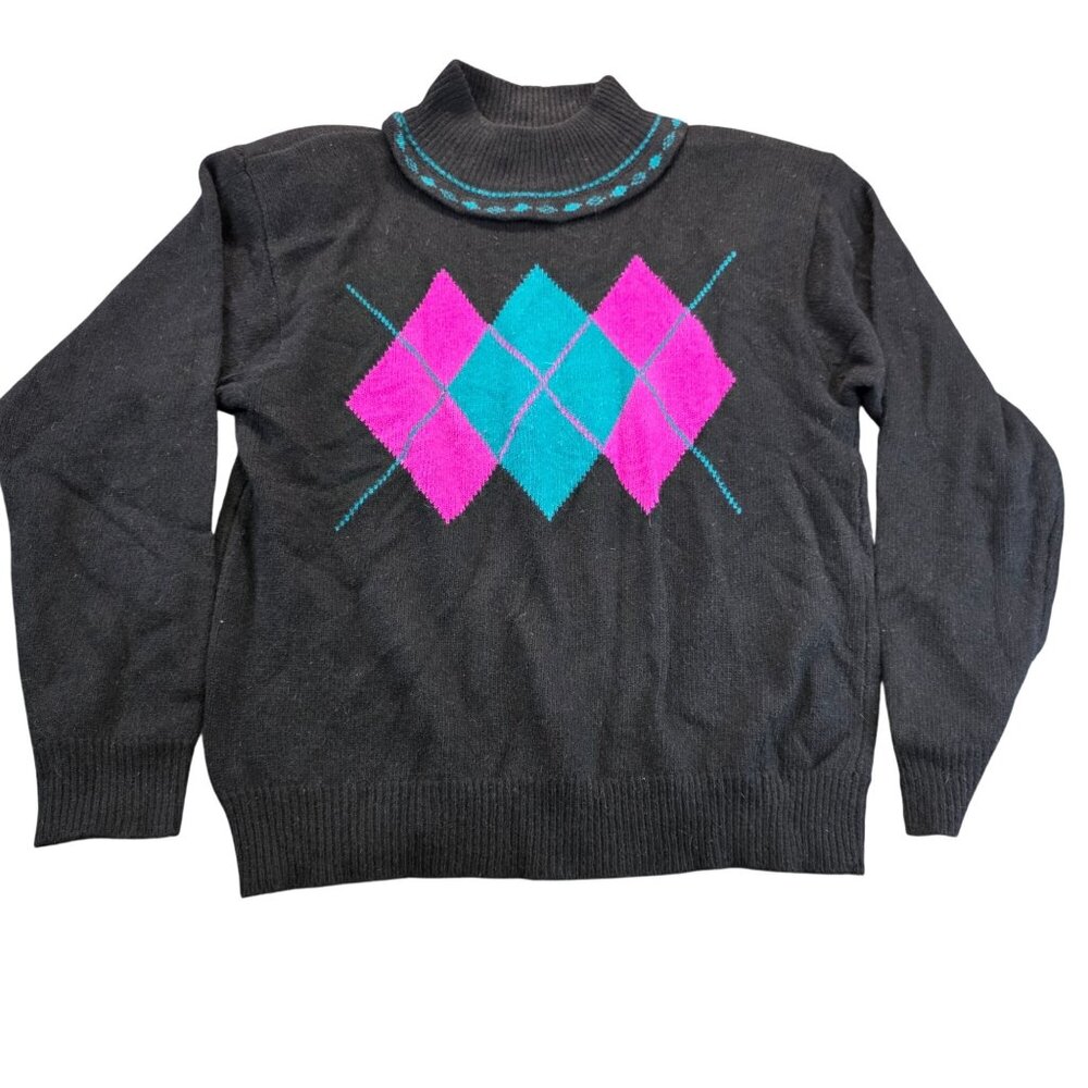 Vintage Lord Isaacs Argyle Wool Angora Sweater L Black Turtleneck Quiet Luxury